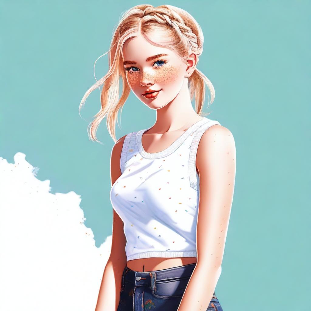 A high-quality digital art piece featuring an 18-year-old woman with blonde hair styled in a braid