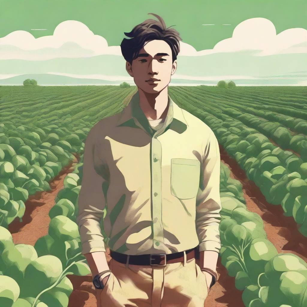 An image of an androgynous human standing in the middle of a vast potato farm