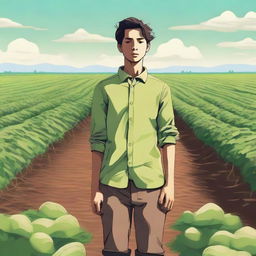 An image of an androgynous human standing in the middle of a vast potato farm