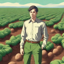 An image of an androgynous human standing in the middle of a vast potato farm