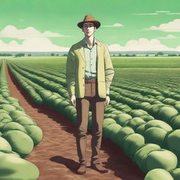 An image of an androgynous human standing in the middle of a vast potato farm