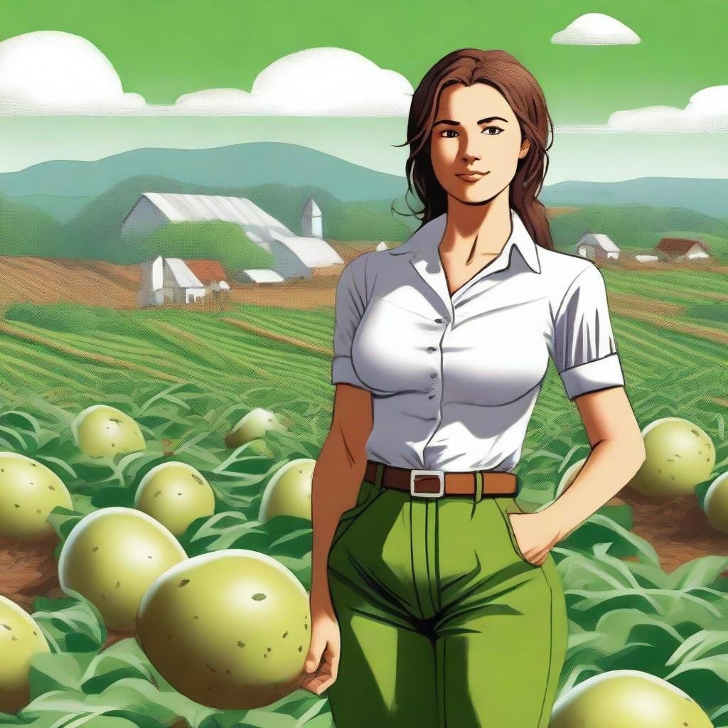 This is a high-quality digital art image of a female human on a potato farm