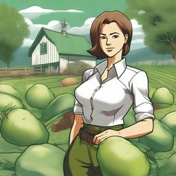 This is a high-quality digital art image of a female human on a potato farm