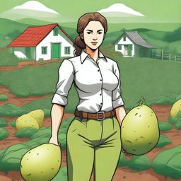 This is a high-quality digital art image of a female human on a potato farm