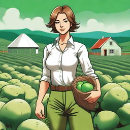 This is a high-quality digital art image of a female human on a potato farm