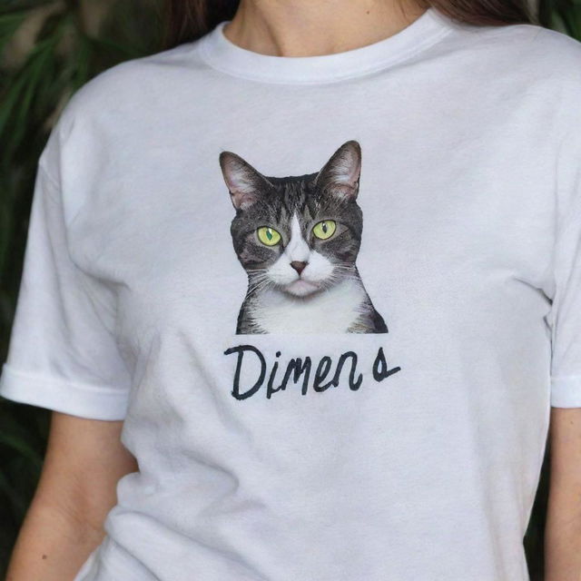 A sleek cat, named Kera, wearing a t-shirt with the text 'DIMAS' on it.