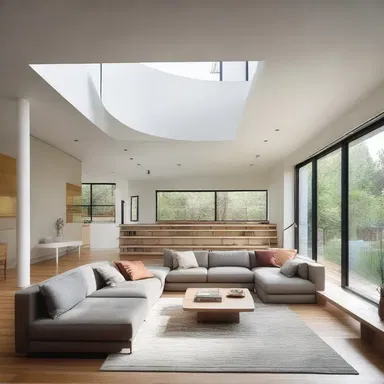 The open floor plan of the house allows for commutability of the furniture, allowing it to be rearranged in various ways to create different living spaces.