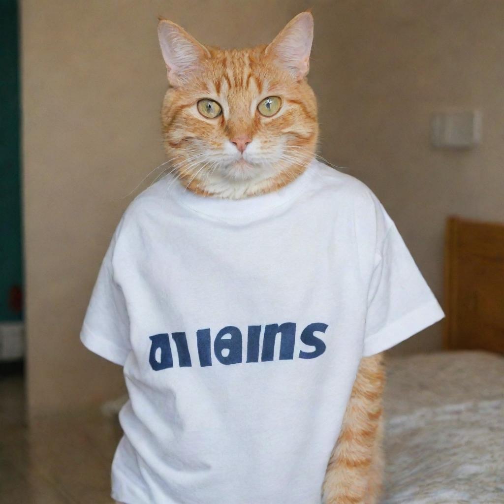 A cat (Kera) wearing a t-shirt with the word 'DIMAS' printed on it.