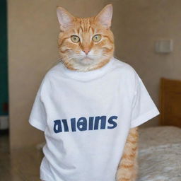 A cat (Kera) wearing a t-shirt with the word 'DIMAS' printed on it.