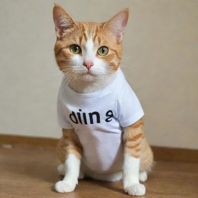 A cat (Kera) wearing a t-shirt with the word 'DIMAS' printed on it.