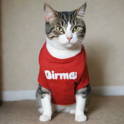 A cat (Kera) wearing a t-shirt with the word 'DIMAS' printed on it.