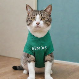 A cat (Kera) wearing a t-shirt with the word 'DIMAS' printed on it.