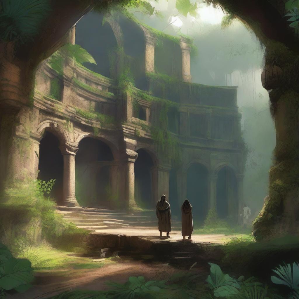 This is a high-quality digital art image that portrays a distant view of four adventurers inside an ancient amphitheater in the jungle