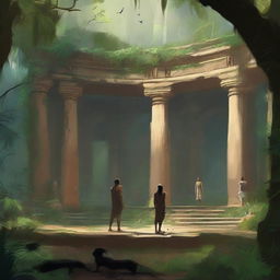 This is a high-quality digital art image that portrays a distant view of four adventurers inside an ancient amphitheater in the jungle