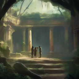 This is a high-quality digital art image that portrays a distant view of four adventurers inside an ancient amphitheater in the jungle