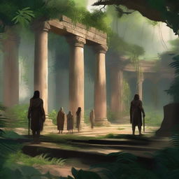 This is a high-quality digital art image that portrays a distant view of four adventurers inside an ancient amphitheater in the jungle