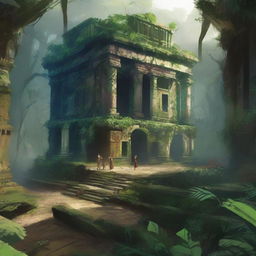 An intricately detailed digital art image depicts a distant view of an ancient amphitheater nestled in the heart of a jungle