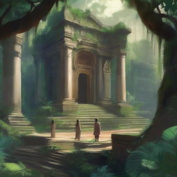 An intricately detailed digital art image depicts a distant view of an ancient amphitheater nestled in the heart of a jungle