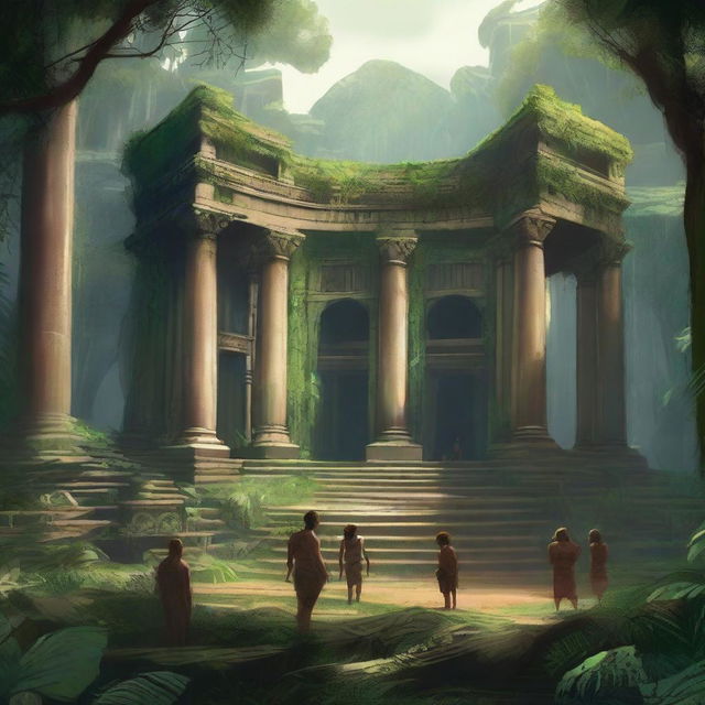 An intricately detailed digital art image depicts a distant view of an ancient amphitheater nestled in the heart of a jungle