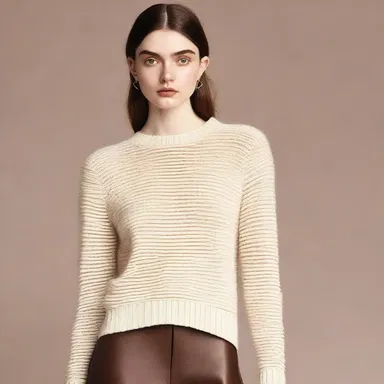 The fashion designer incorporated ribbing in the form of knitted trim on the sleeves of the sweater.