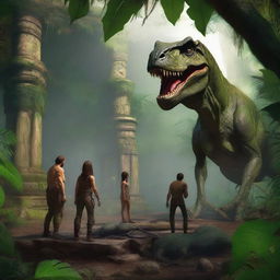 This is a high-quality digital art image portraying a scene set deep within an ancient jungle amphitheater