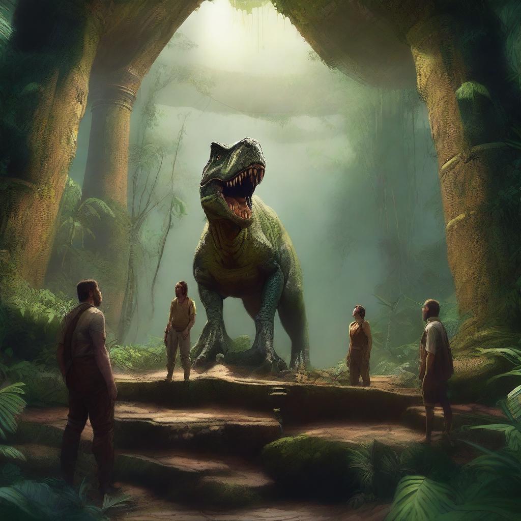 This is a high-quality digital art image portraying a scene set deep within an ancient jungle amphitheater