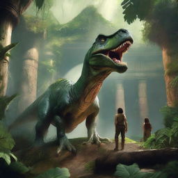 This is a high-quality digital art image portraying a scene set deep within an ancient jungle amphitheater