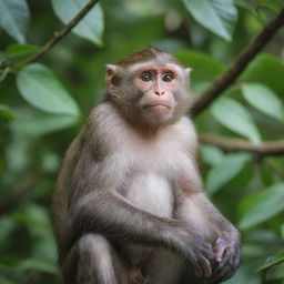 A monkey named Dimas sitting on a tree branch, surrounded by lush green foliage. The monkey is playful and has bright, intelligent eyes.