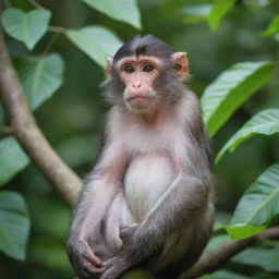 A monkey named Dimas sitting on a tree branch, surrounded by lush green foliage. The monkey is playful and has bright, intelligent eyes.