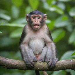 A monkey named Dimas sitting on a tree branch, surrounded by lush green foliage. The monkey is playful and has bright, intelligent eyes.