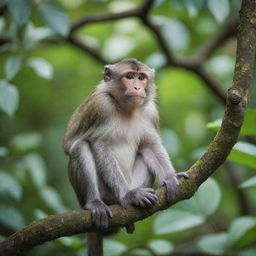 A monkey named Dimas sitting on a tree branch, surrounded by lush green foliage. The monkey is playful and has bright, intelligent eyes.