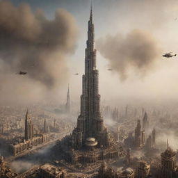 The iconic Burj Khalifa, reimagined in a steampunk style, towering over a bustling cityscape filled with gears, bronze pipes, Victorian-era buildings, and airships, all under a hazy steam-filled sky.