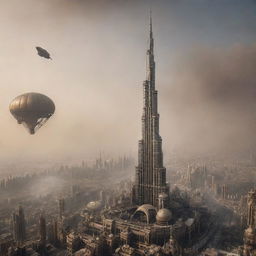 The iconic Burj Khalifa, reimagined in a steampunk style, towering over a bustling cityscape filled with gears, bronze pipes, Victorian-era buildings, and airships, all under a hazy steam-filled sky.