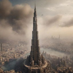 The iconic Burj Khalifa, reimagined in a steampunk style, towering over a bustling cityscape filled with gears, bronze pipes, Victorian-era buildings, and airships, all under a hazy steam-filled sky.