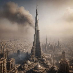 The iconic Burj Khalifa, reimagined in a steampunk style, towering over a bustling cityscape filled with gears, bronze pipes, Victorian-era buildings, and airships, all under a hazy steam-filled sky.