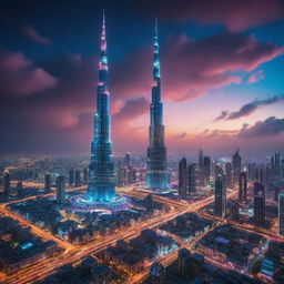 The towering Burj Khalifa reimagined in an electropunk style, standing amidst a vibrant cityscape pulsating with electric energy, neon lights, futuristic buildings, and electric vehicles, under a sky filled with multi-colored digital clouds.