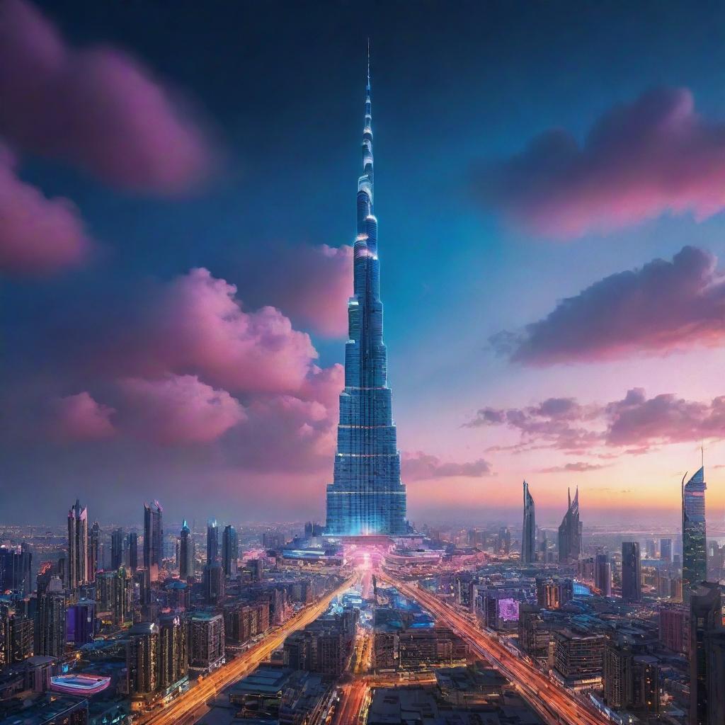 The towering Burj Khalifa reimagined in an electropunk style, standing amidst a vibrant cityscape pulsating with electric energy, neon lights, futuristic buildings, and electric vehicles, under a sky filled with multi-colored digital clouds.