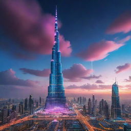 The towering Burj Khalifa reimagined in an electropunk style, standing amidst a vibrant cityscape pulsating with electric energy, neon lights, futuristic buildings, and electric vehicles, under a sky filled with multi-colored digital clouds.