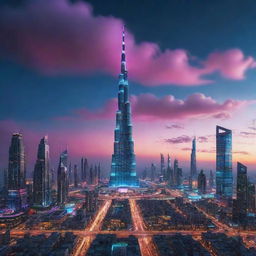 The towering Burj Khalifa reimagined in an electropunk style, standing amidst a vibrant cityscape pulsating with electric energy, neon lights, futuristic buildings, and electric vehicles, under a sky filled with multi-colored digital clouds.