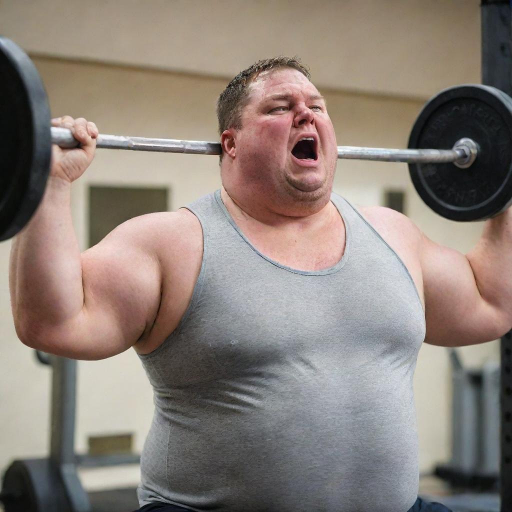 A overweight man working out in a gym, dripping with sweat as he lifts weights and pushes himself to the limit