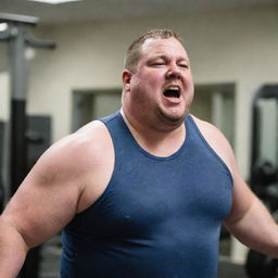 A overweight man working out in a gym, dripping with sweat as he lifts weights and pushes himself to the limit