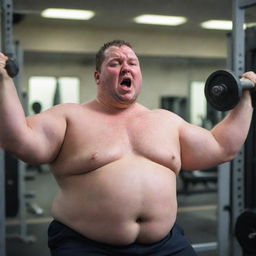 A overweight man working out in a gym, dripping with sweat as he lifts weights and pushes himself to the limit