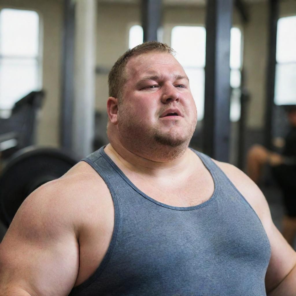 A overweight man working out in a gym, dripping with sweat as he lifts weights and pushes himself to the limit