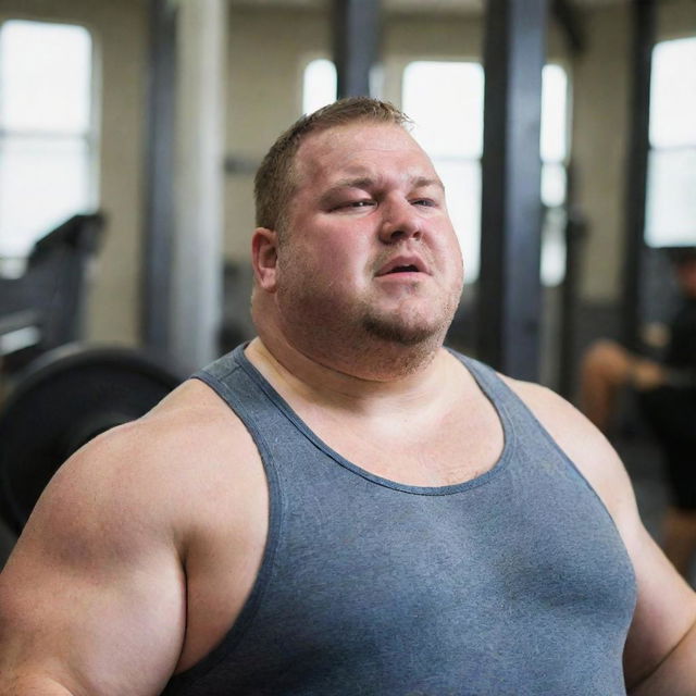 A overweight man working out in a gym, dripping with sweat as he lifts weights and pushes himself to the limit