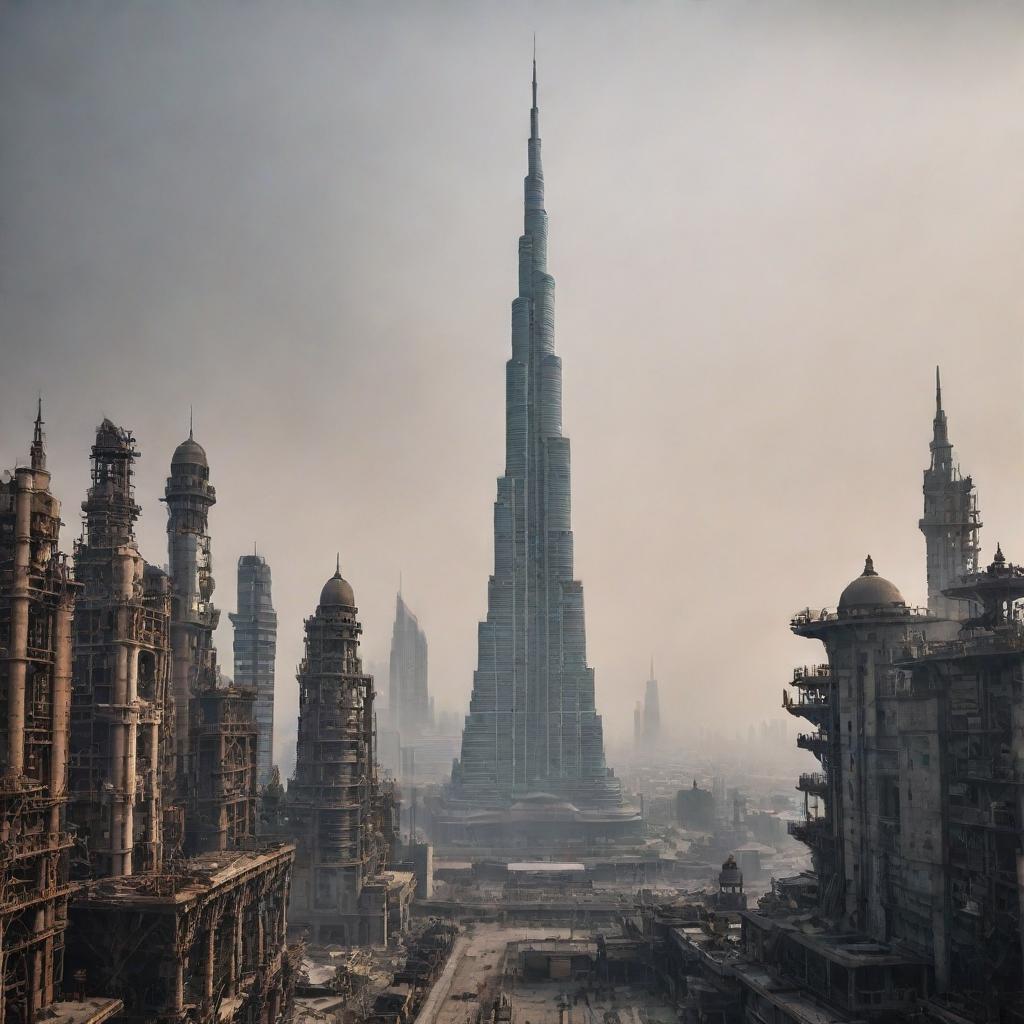 The iconic Burj Khalifa, reimagined in a dieselpunk setting, towering amidst a cityscape of steel machinery, oil derricks, rusty vehicles, and gritty architecture, all under a smog-filled, grim sky.