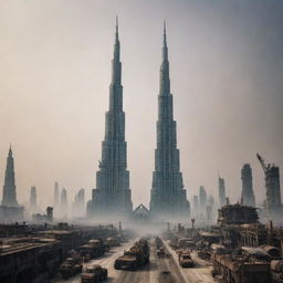 The iconic Burj Khalifa, reimagined in a dieselpunk setting, towering amidst a cityscape of steel machinery, oil derricks, rusty vehicles, and gritty architecture, all under a smog-filled, grim sky.