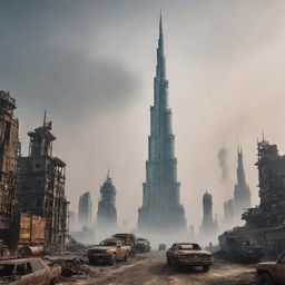 The iconic Burj Khalifa, reimagined in a dieselpunk setting, towering amidst a cityscape of steel machinery, oil derricks, rusty vehicles, and gritty architecture, all under a smog-filled, grim sky.