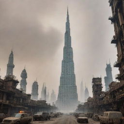 The iconic Burj Khalifa, reimagined in a dieselpunk setting, towering amidst a cityscape of steel machinery, oil derricks, rusty vehicles, and gritty architecture, all under a smog-filled, grim sky.