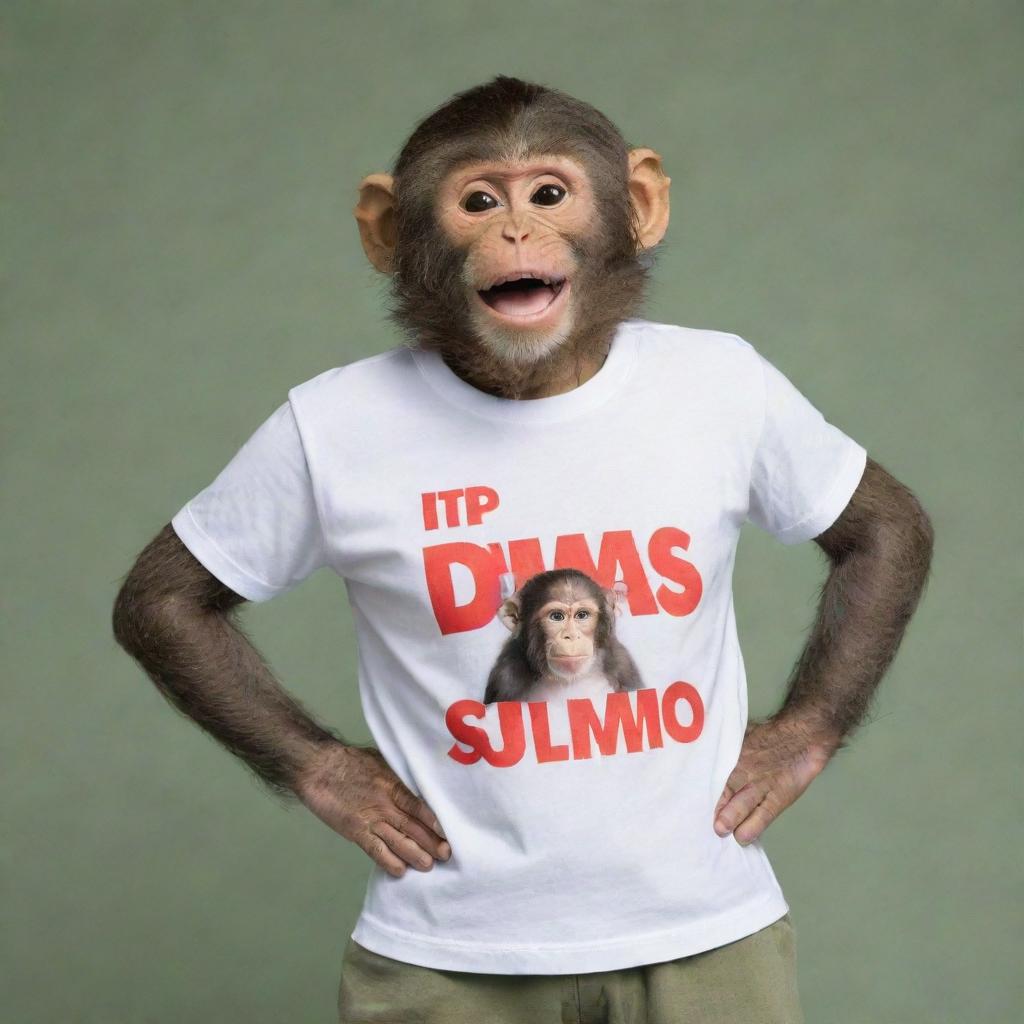 A playful monkey wearing a T-shirt with the words 'DIMAS SUMO' printed across.