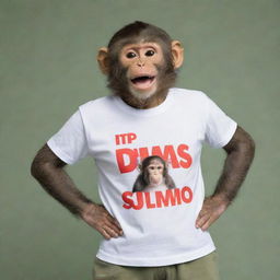 A playful monkey wearing a T-shirt with the words 'DIMAS SUMO' printed across.